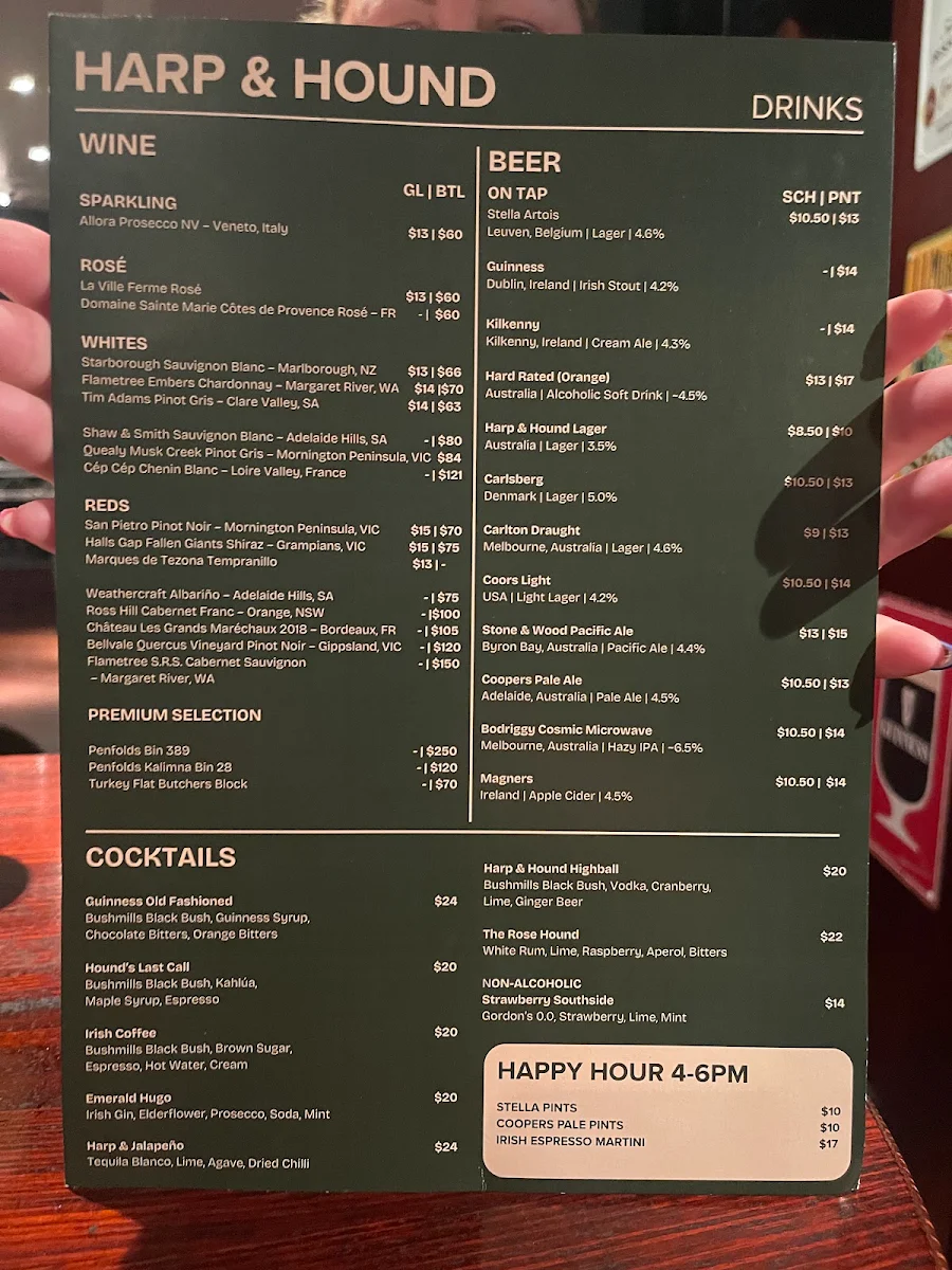 Menu, Harp & Hound