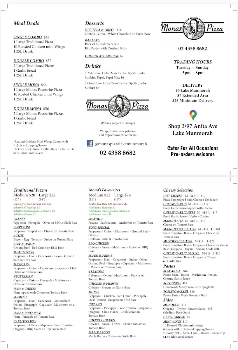 Menu, Mona's Pizza