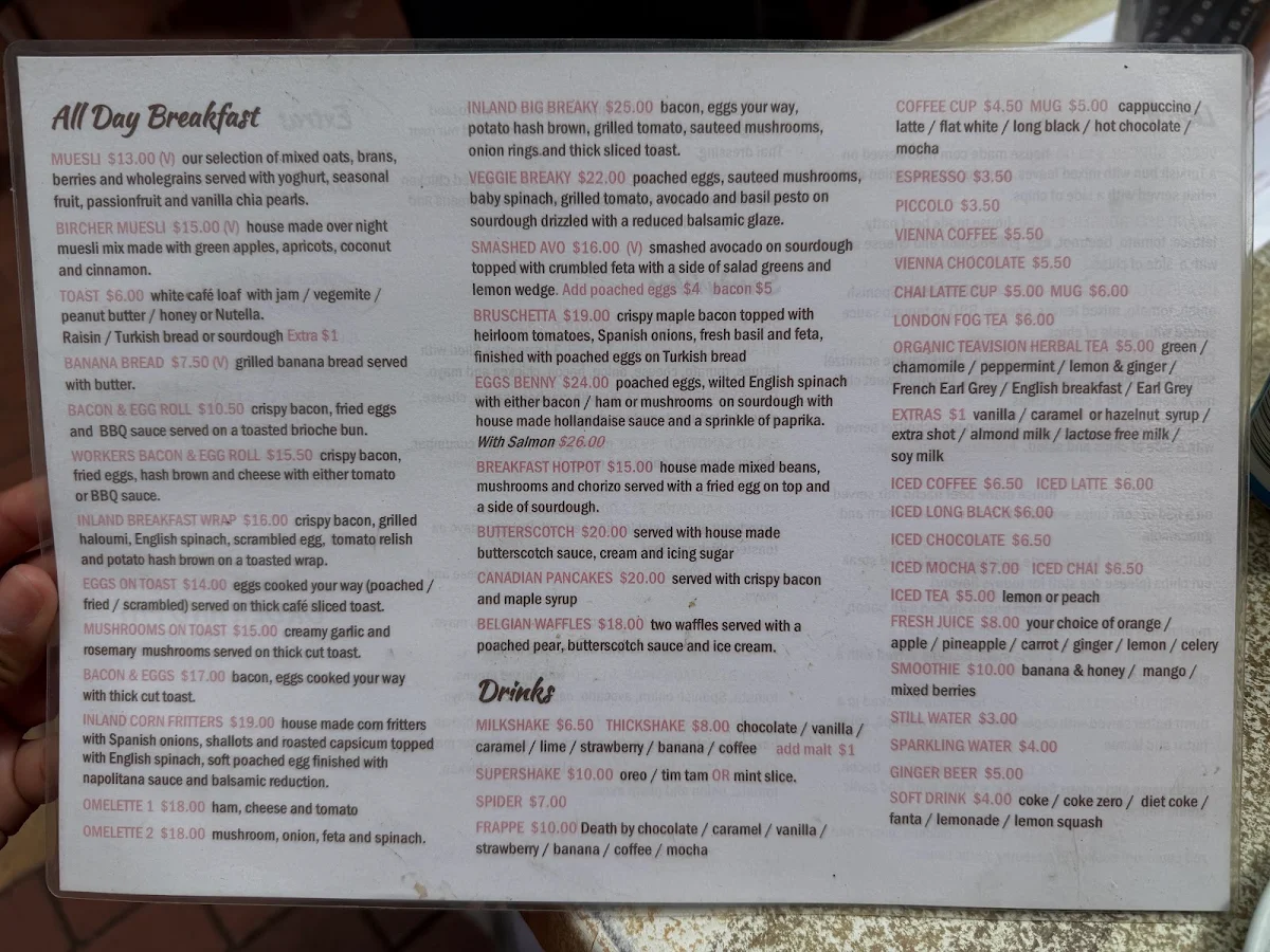 Menu, Inland Cafe