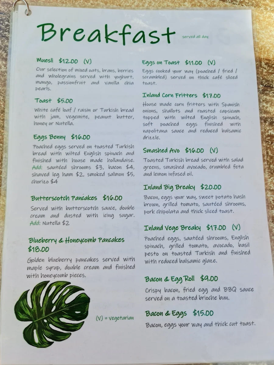 Menu, Inland Cafe