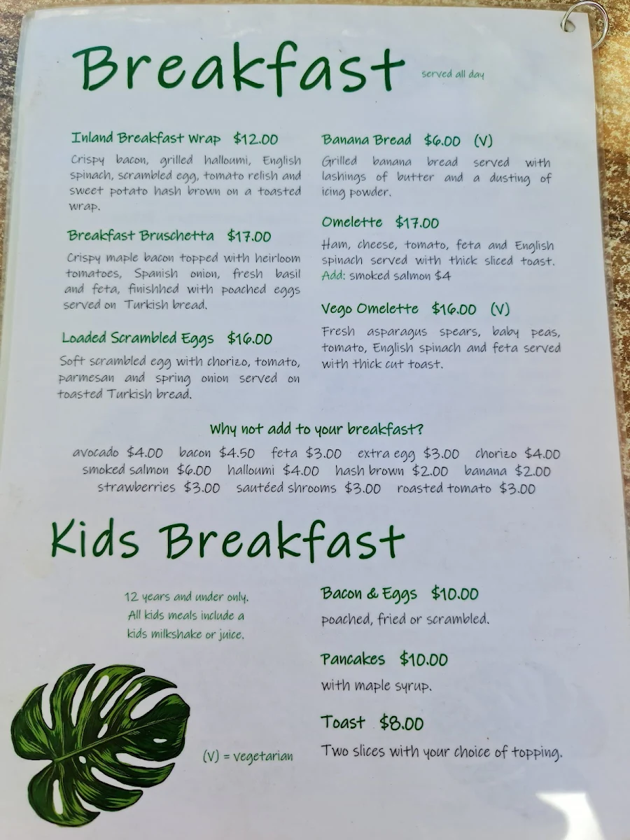 Menu, Inland Cafe