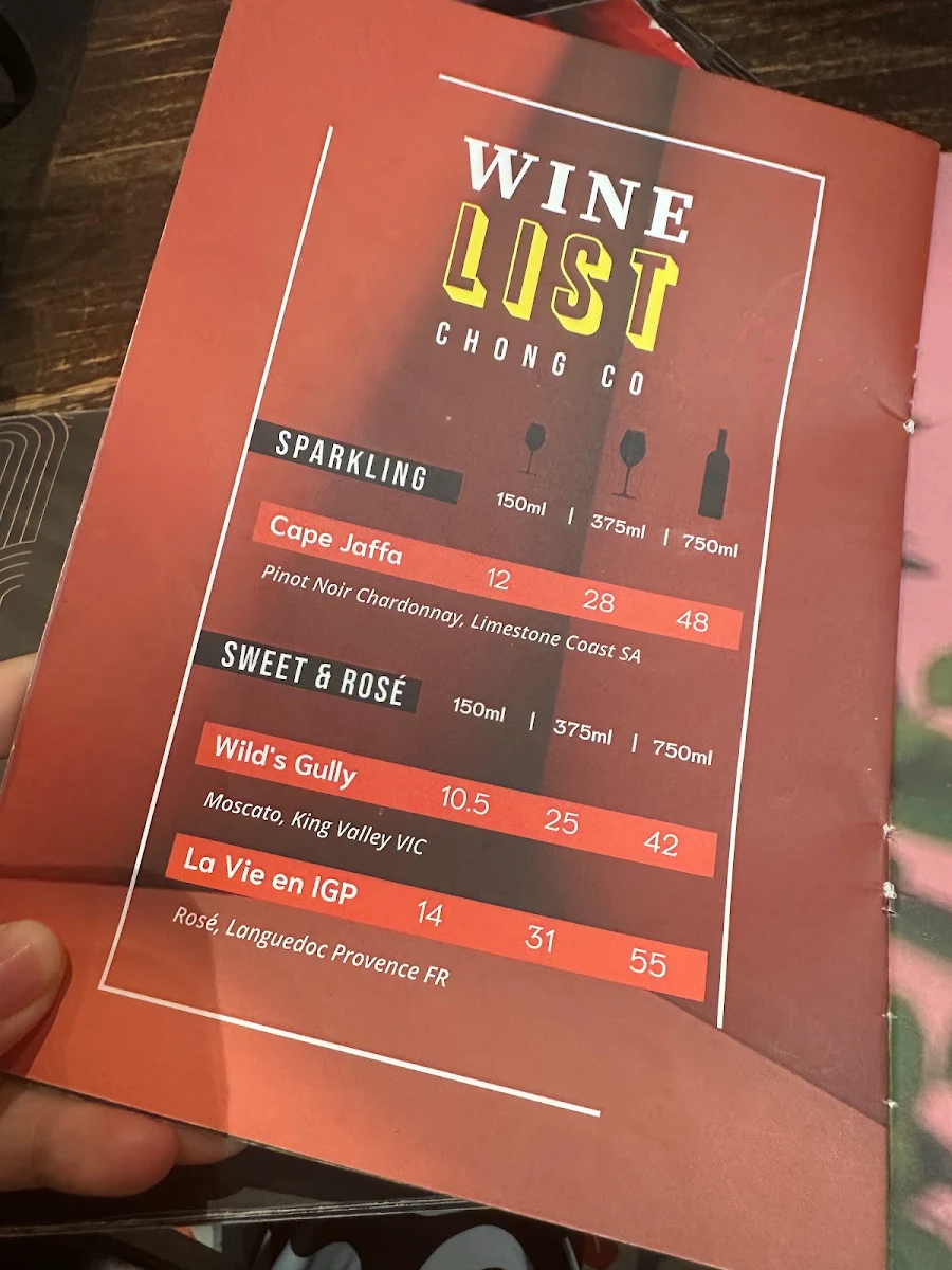 Menu, Chong Co Thai Restaurant and Bar Gold Coast