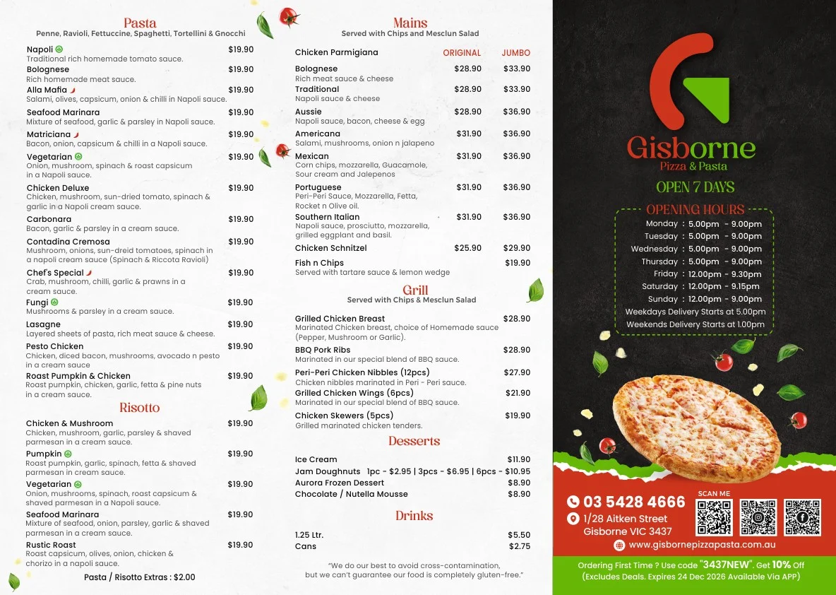 Menu, Gisborne Pizza & Pasta