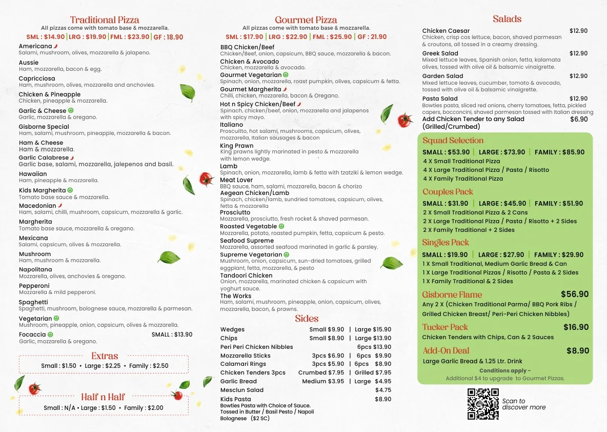Menu, Gisborne Pizza & Pasta