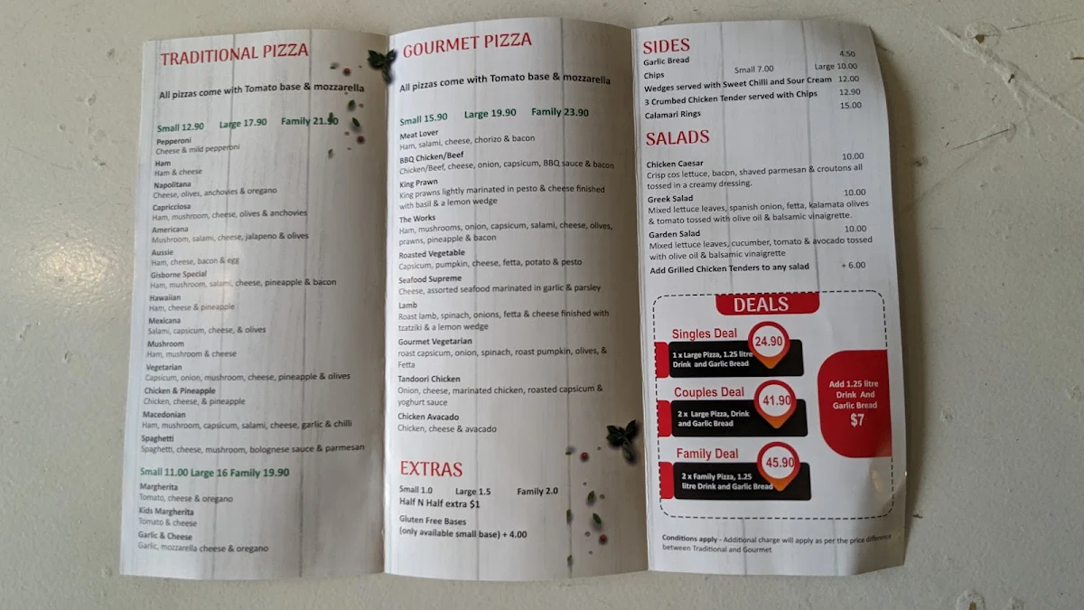 Menu, Gisborne Pizza & Pasta