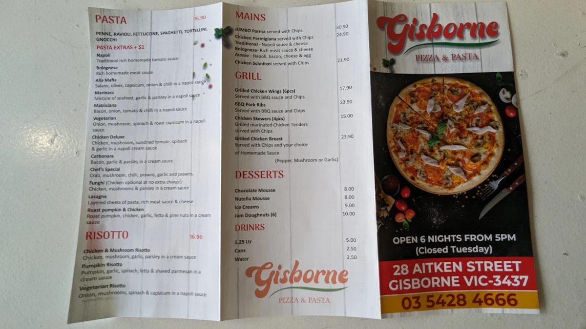Menu, Gisborne Pizza & Pasta