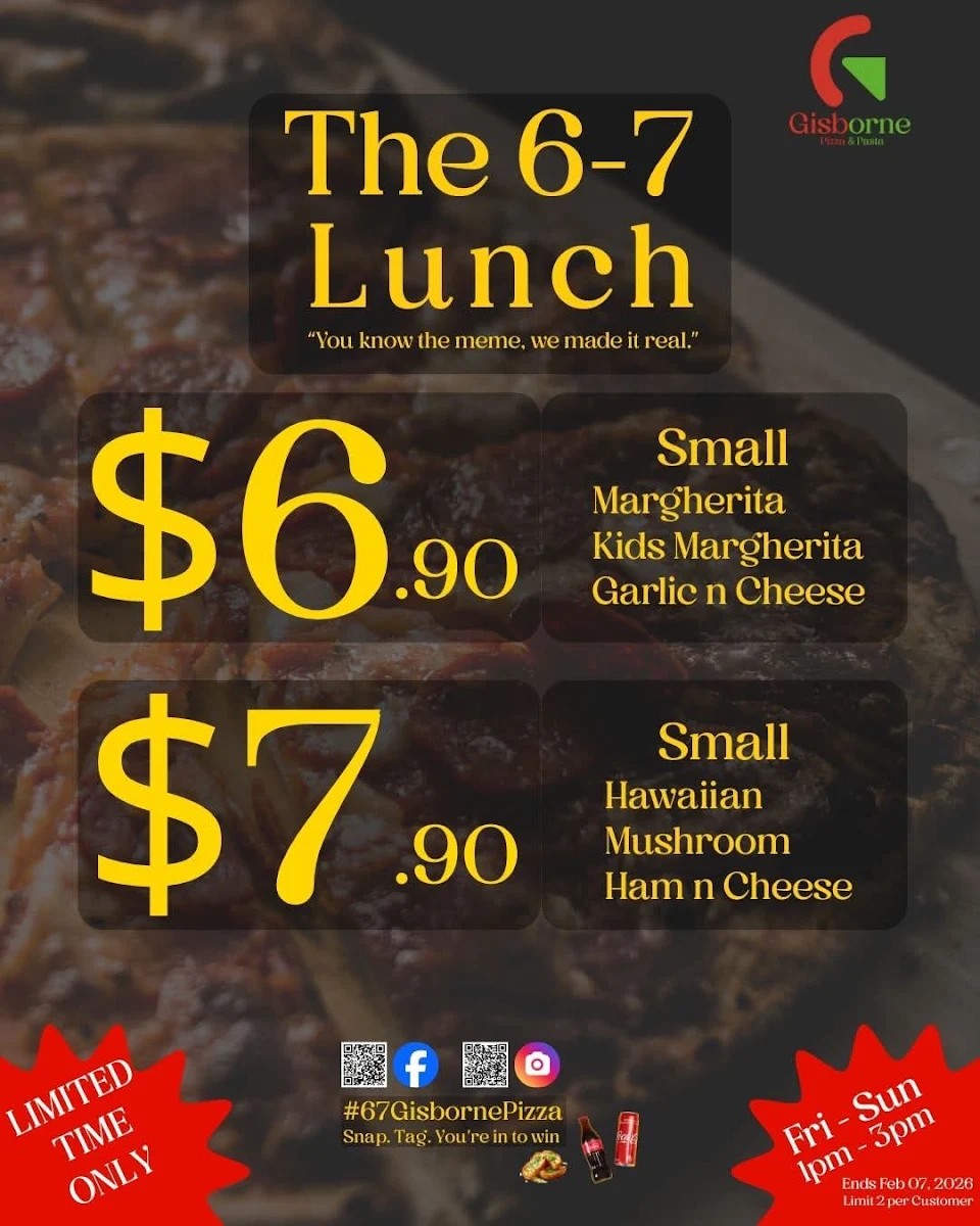 Menu, Gisborne Pizza & Pasta