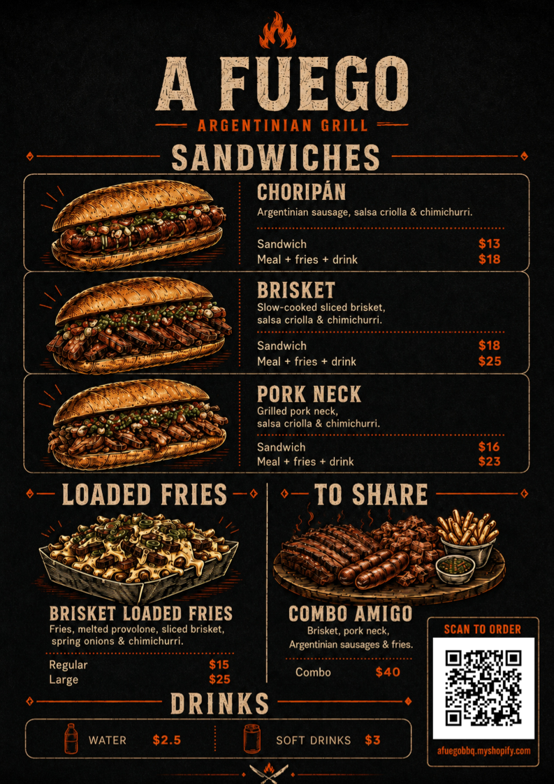 Menu, A Fuego Argentinian Grill
