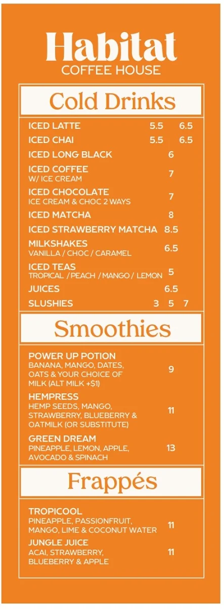 Menu, Habitat Coffee house
