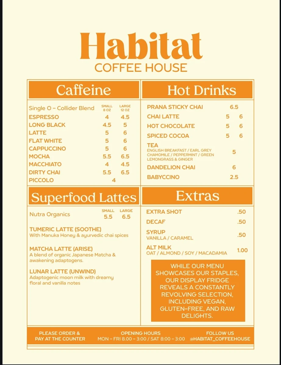 Menu, Habitat Coffee house