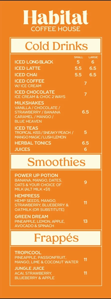 Menu, Habitat Coffee house