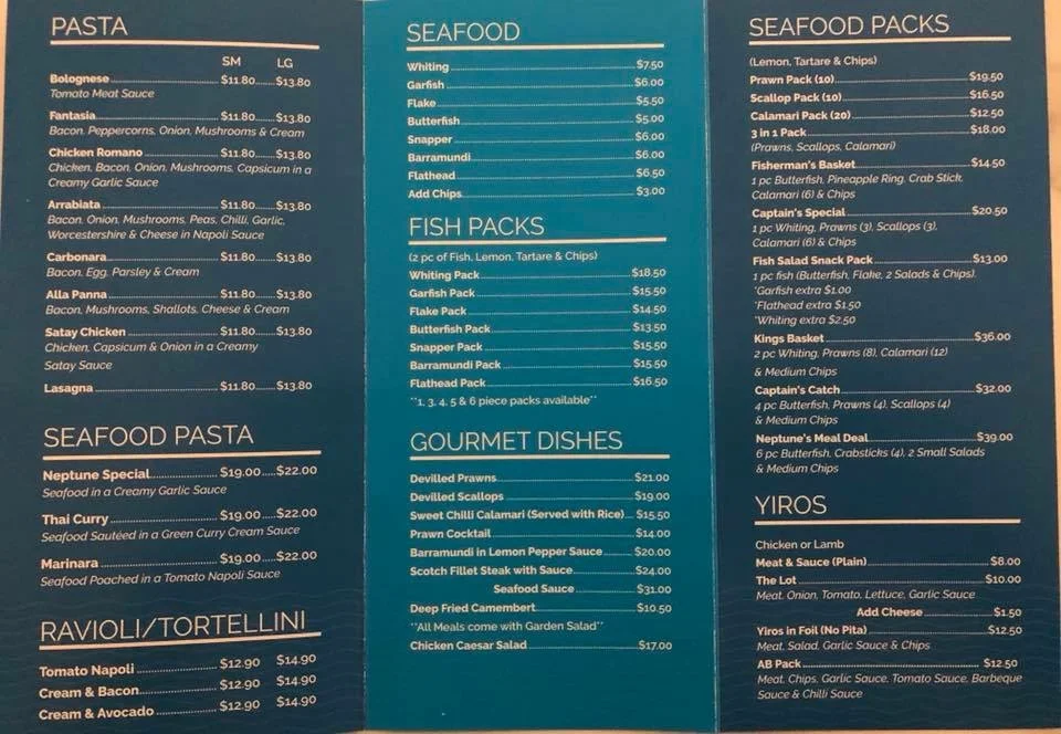 Menu, King Neptune's Seafood & Pasta