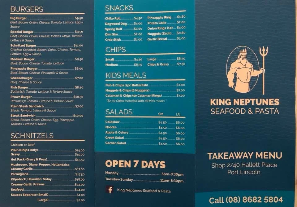 Menu, King Neptune's Seafood & Pasta