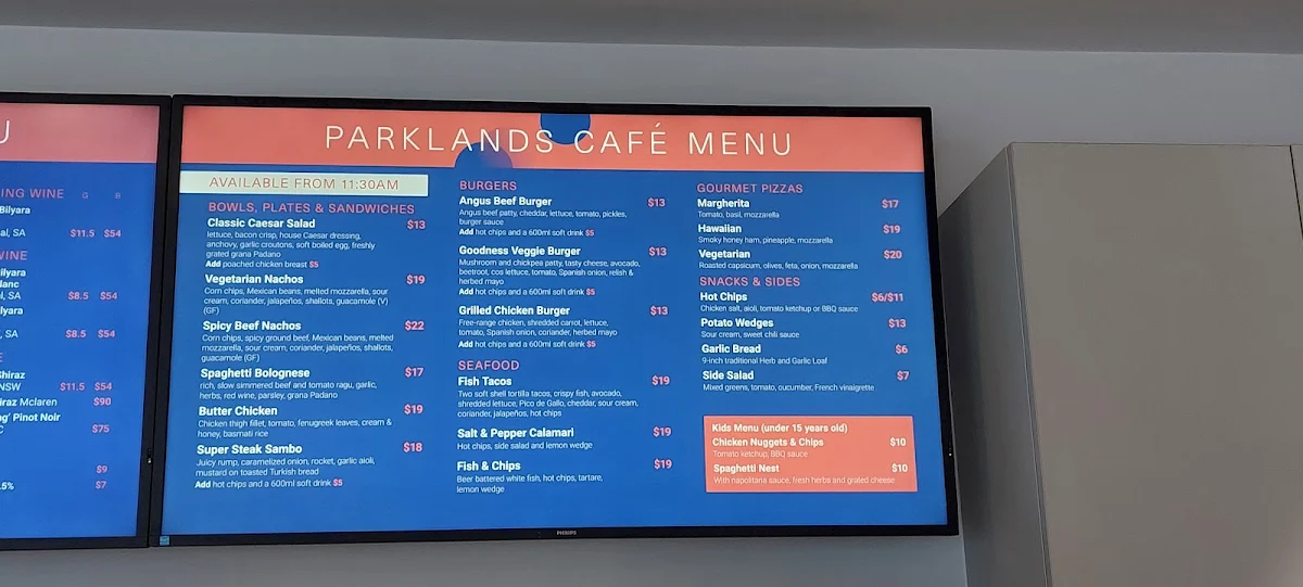 Menu, Parklands Café