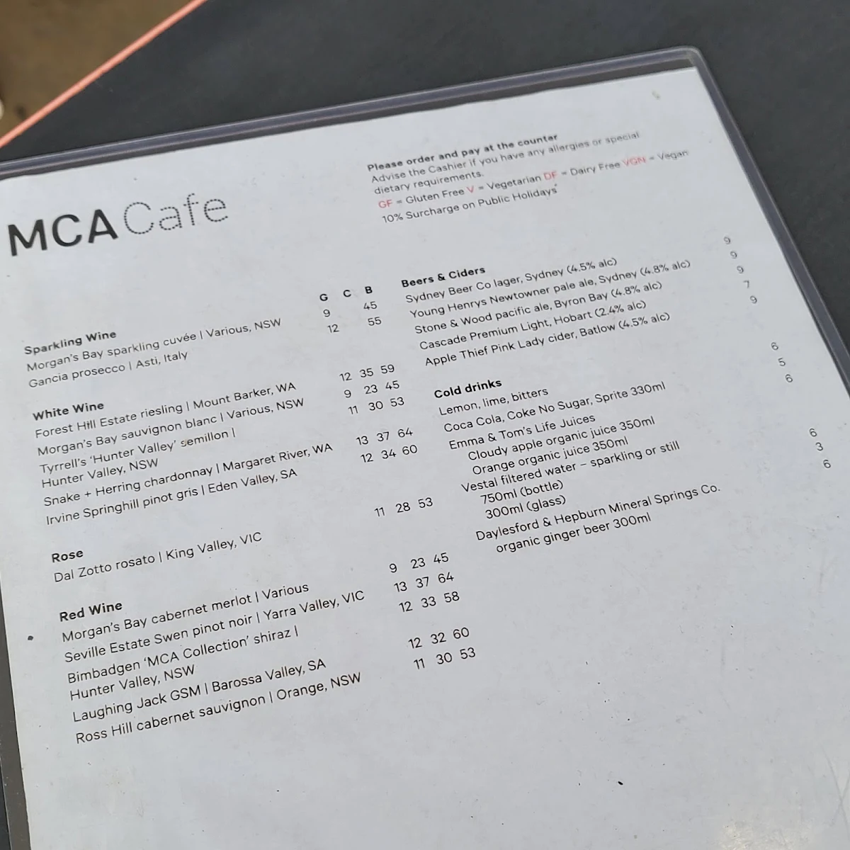 Menu, MCA Cafe at Tallawoladah