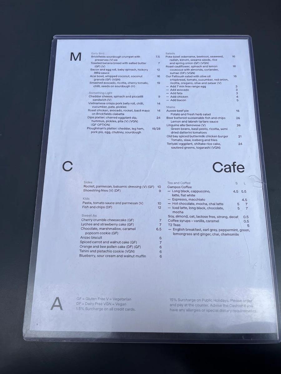 Menu, MCA Cafe at Tallawoladah