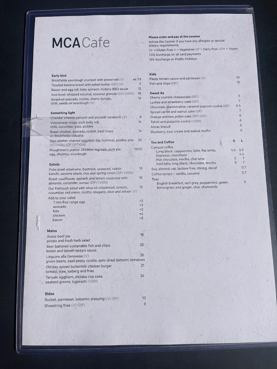 Menu, MCA Cafe at Tallawoladah