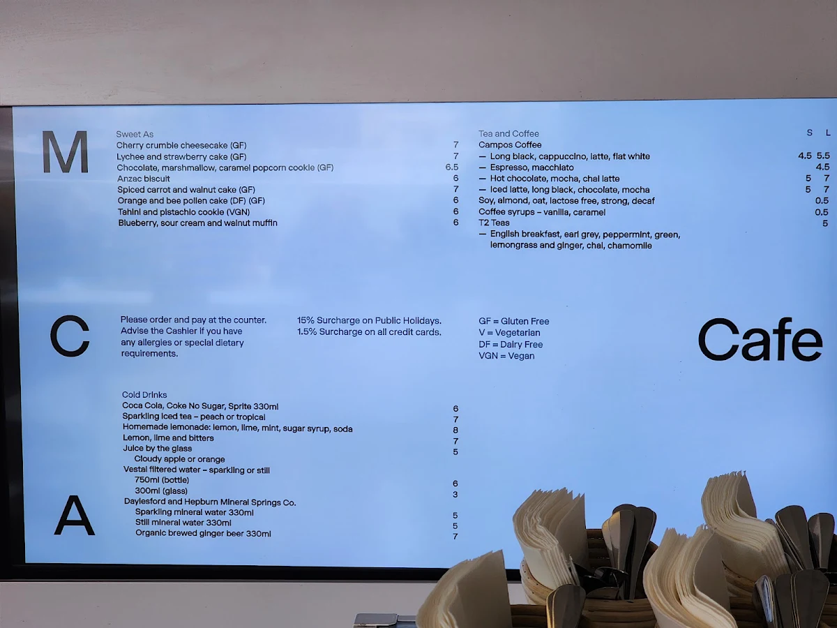 Menu, MCA Cafe at Tallawoladah