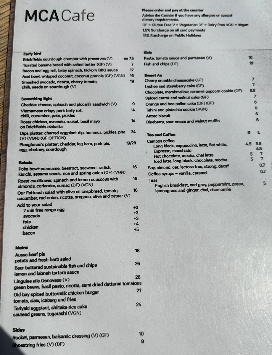 Menu, MCA Cafe at Tallawoladah
