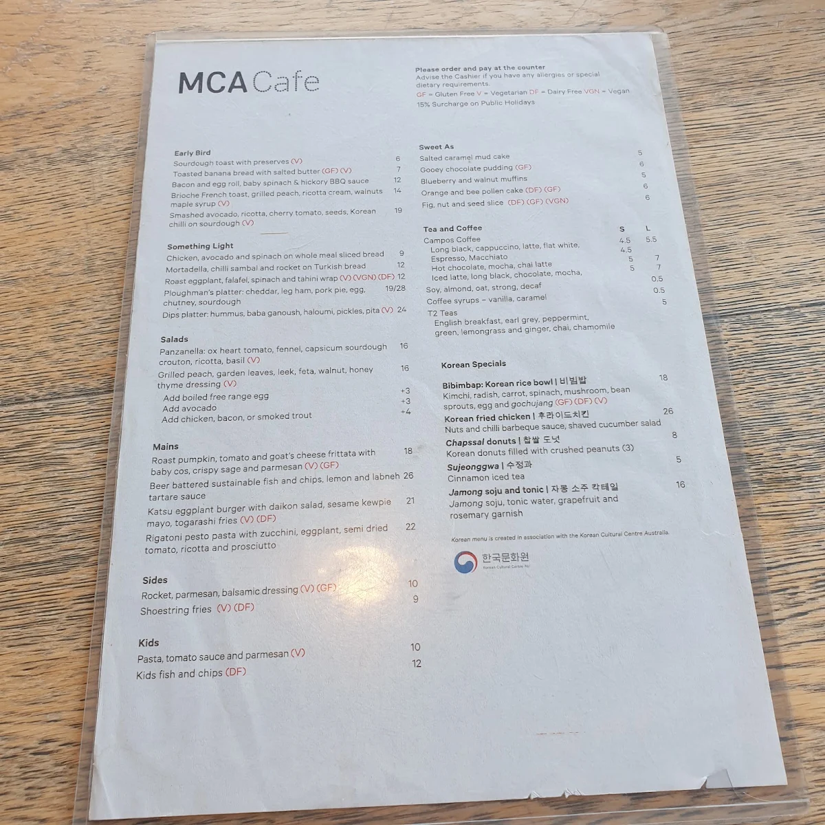 Menu, MCA Cafe at Tallawoladah