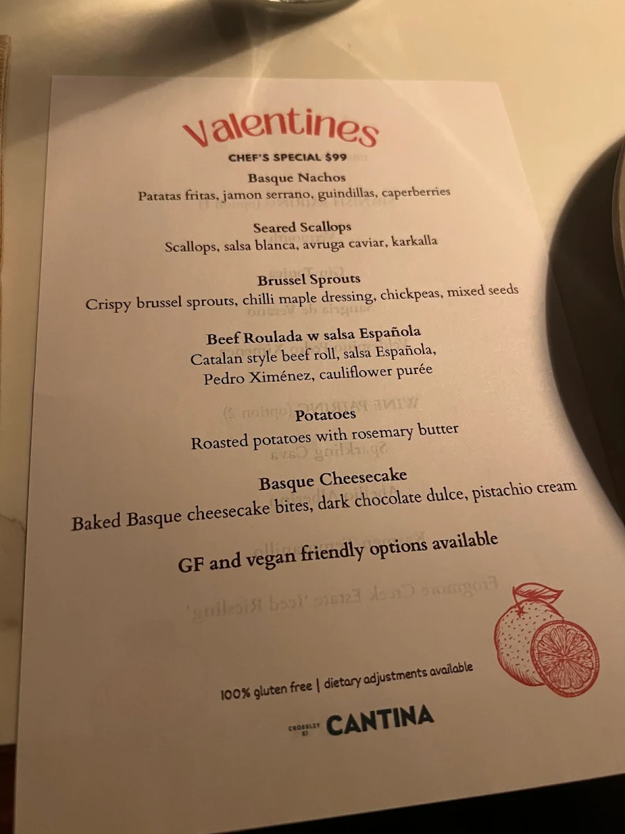 Menu, Crossley St Cantina