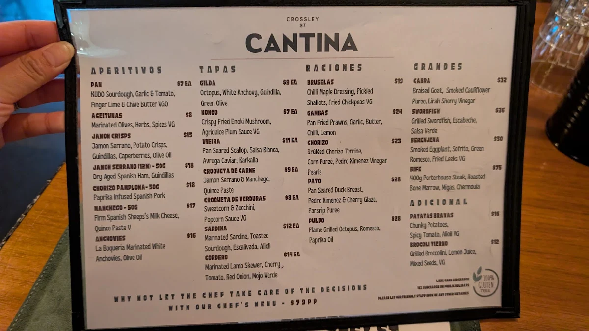 Menu, Crossley St Cantina