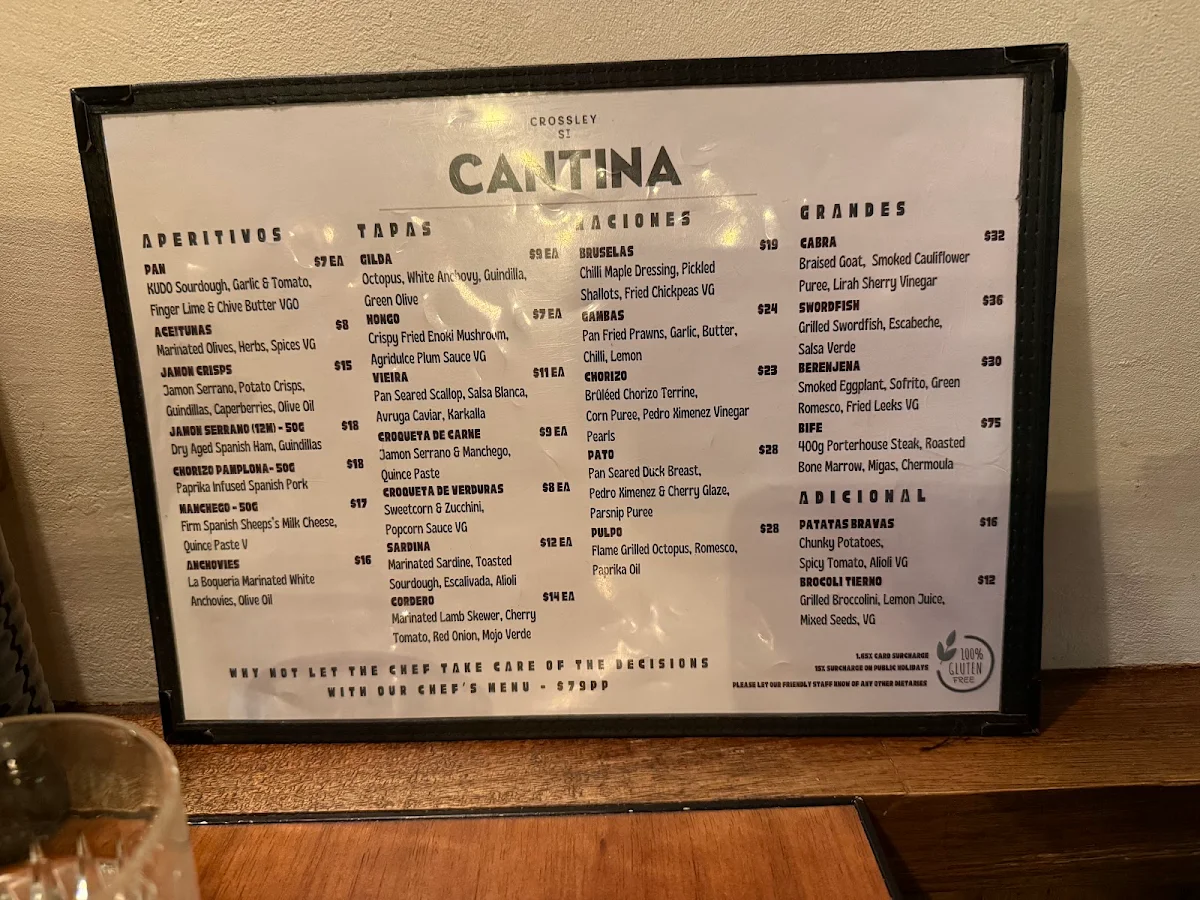 Menu, Crossley St Cantina