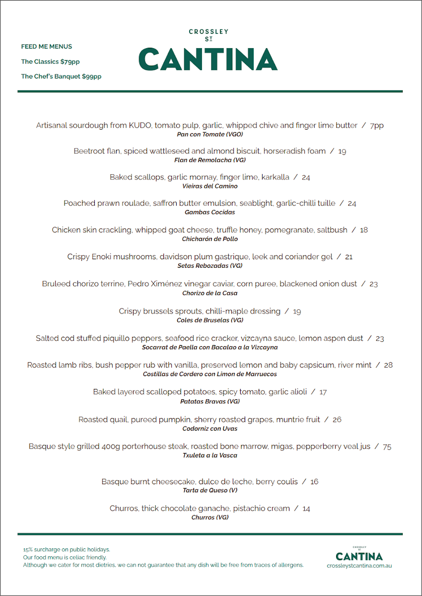 Menu, Crossley St Cantina