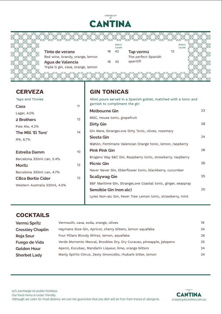 Menu, Crossley St Cantina