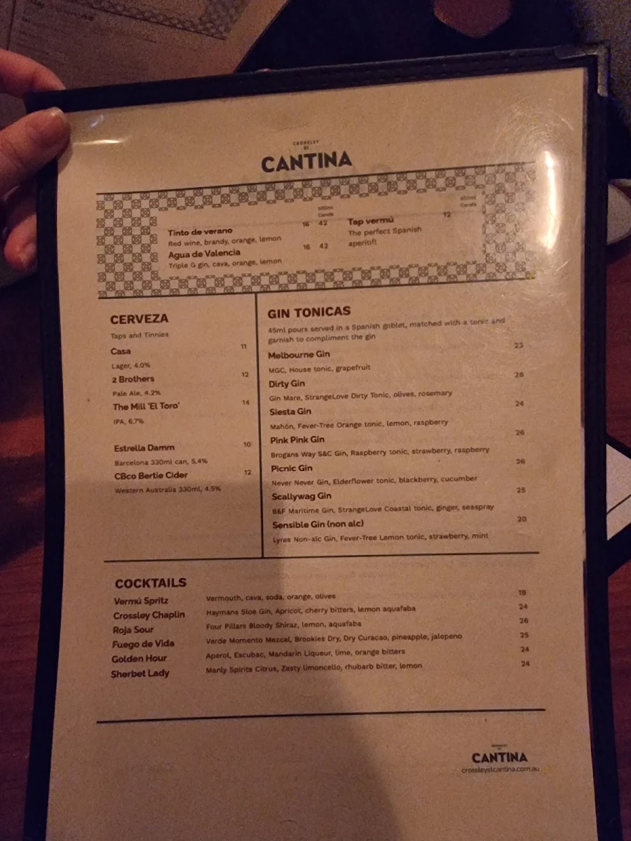 Menu, Crossley St Cantina
