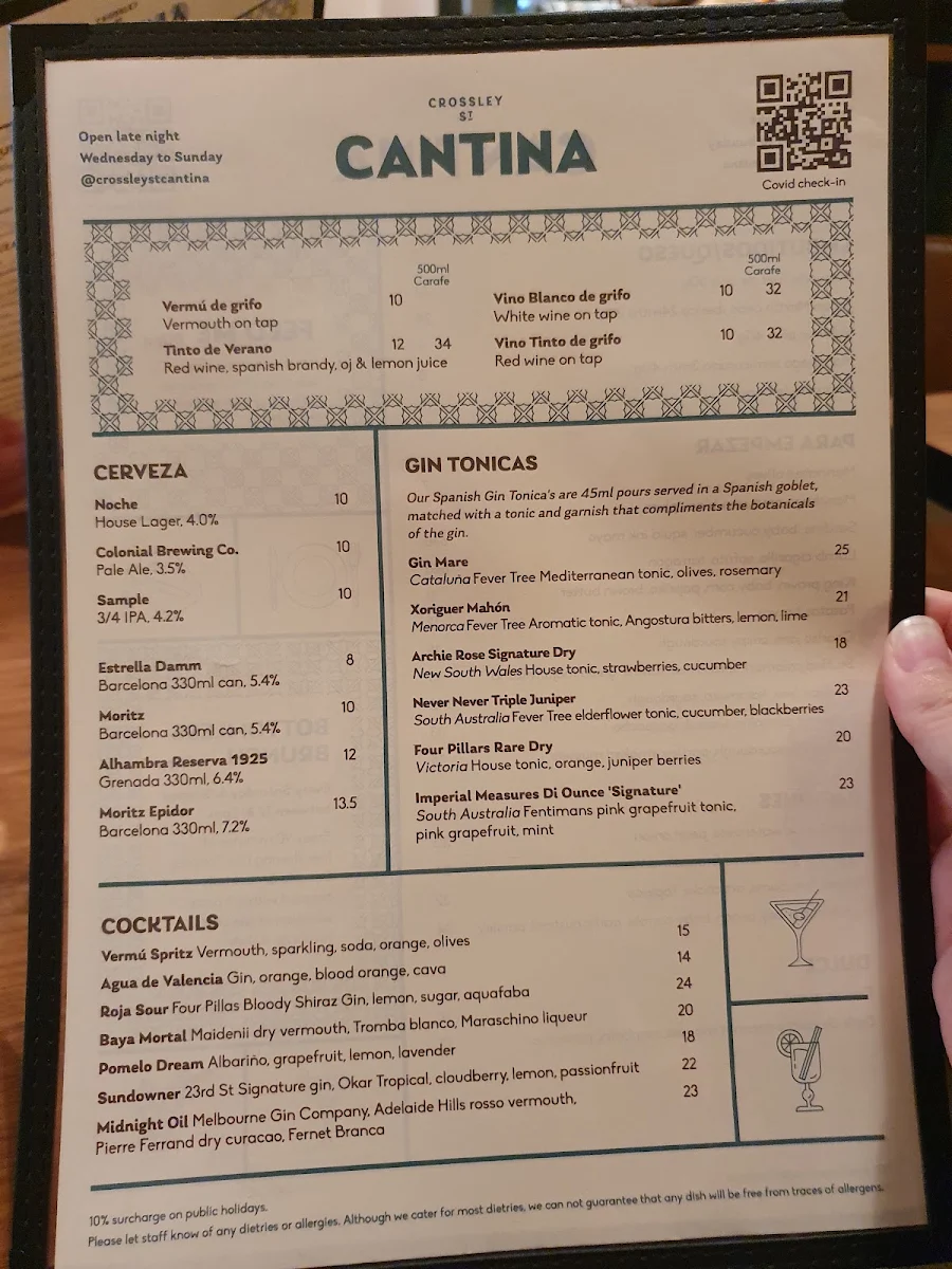 Menu, Crossley St Cantina