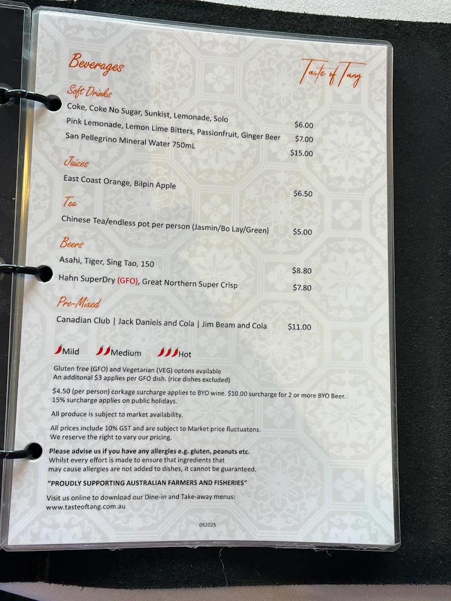 Menu, Taste of Tang