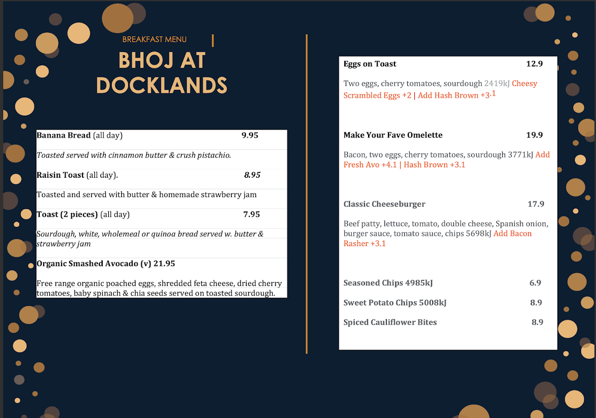 Menu, Bhoj Restaurant