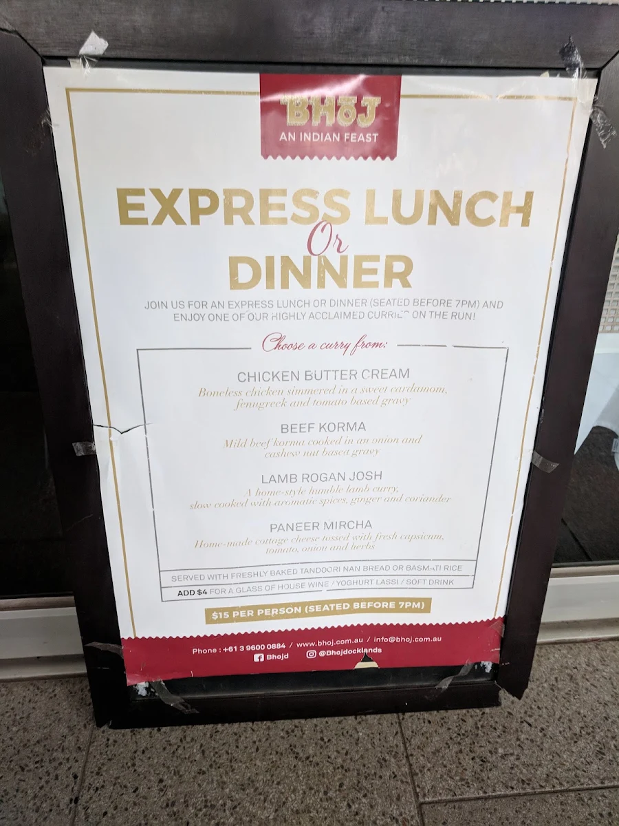Menu, Bhoj Restaurant