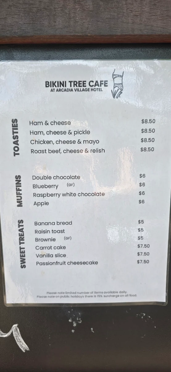 Menu, Arcadia Village Hotel