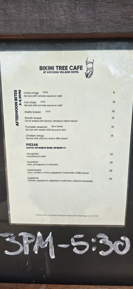 Menu, Arcadia Village Hotel