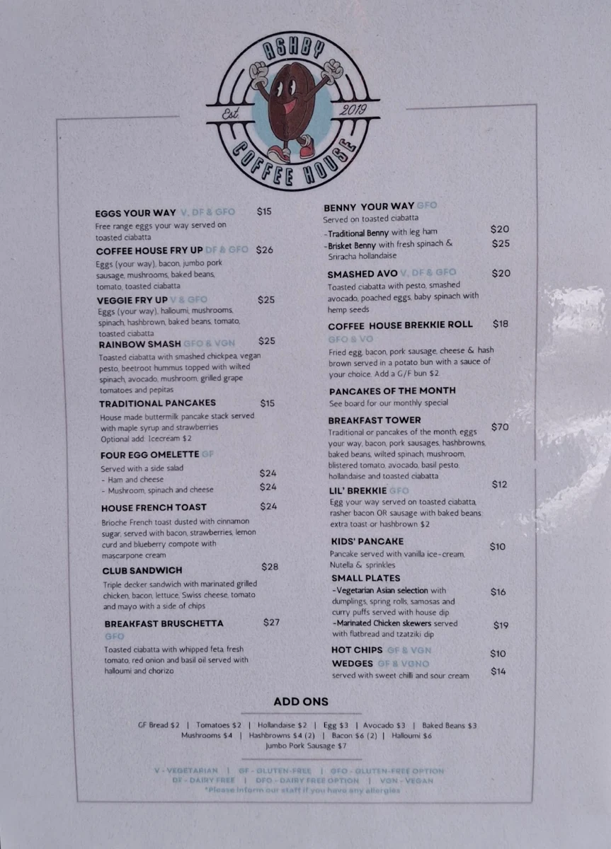 Menu, Ashby Coffee House