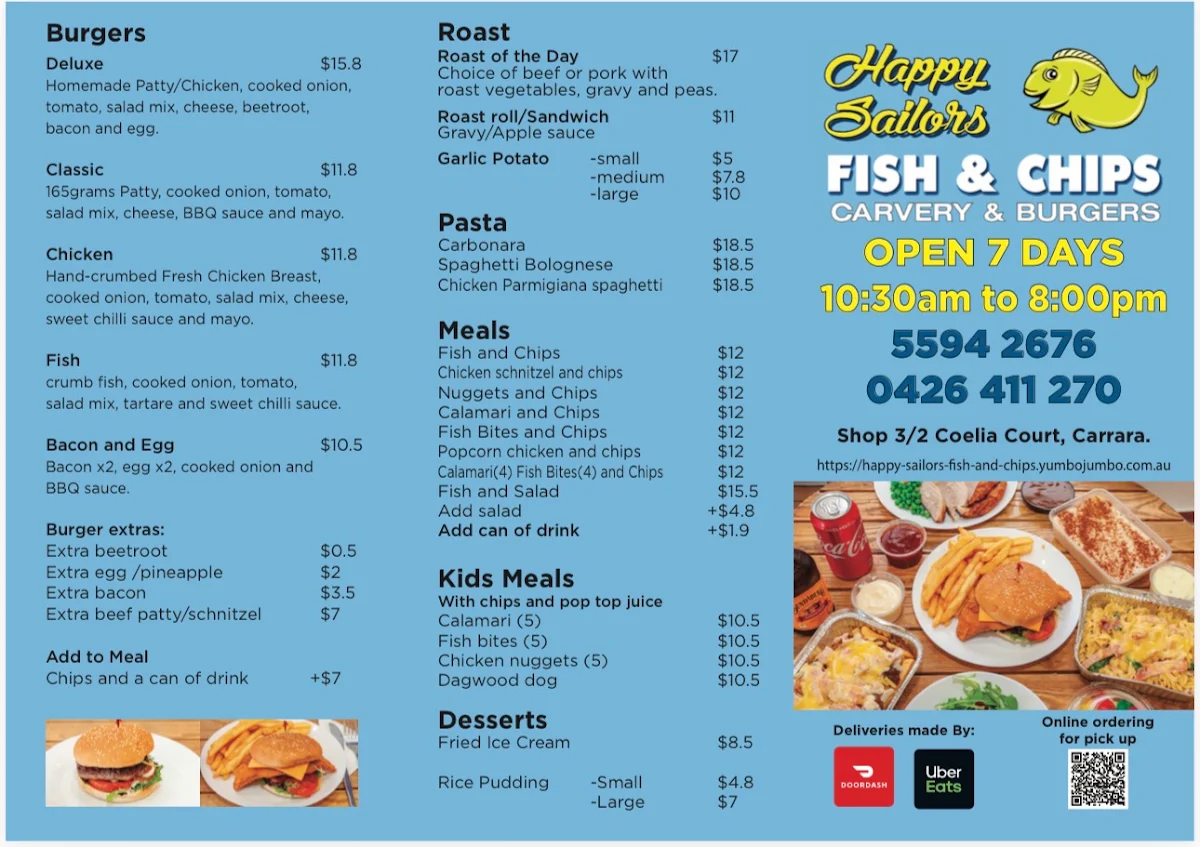 Menu, Happy Sailors Fish & Chips