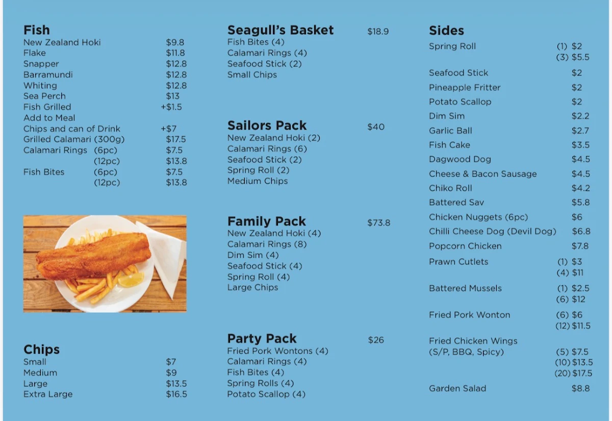 Menu, Happy Sailors Fish & Chips