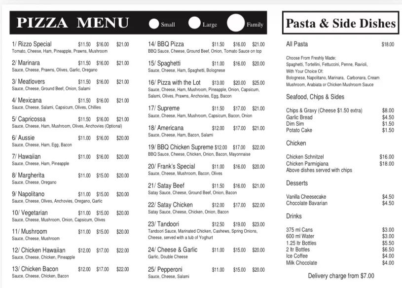 Menu, Rizzo's Pizza & Pasta