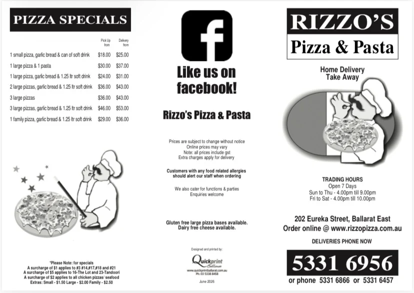 Menu, Rizzo's Pizza & Pasta