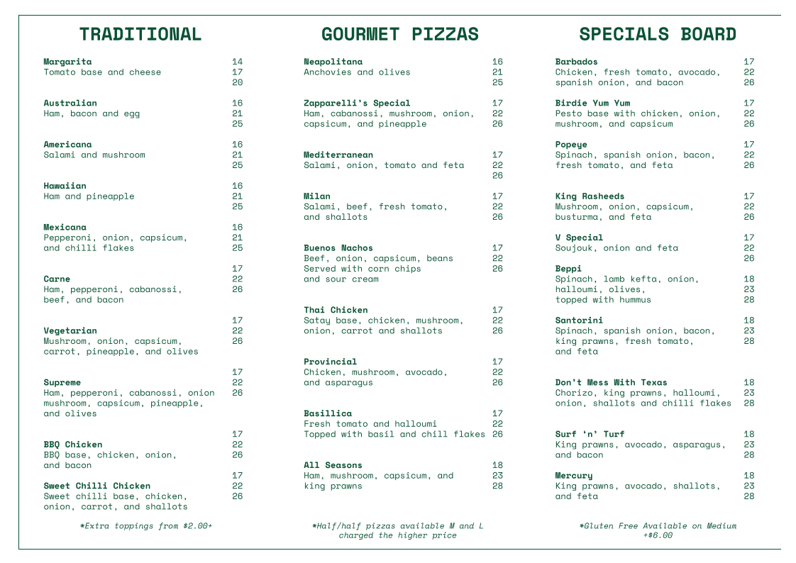 Menu, Zapparellis Pizza