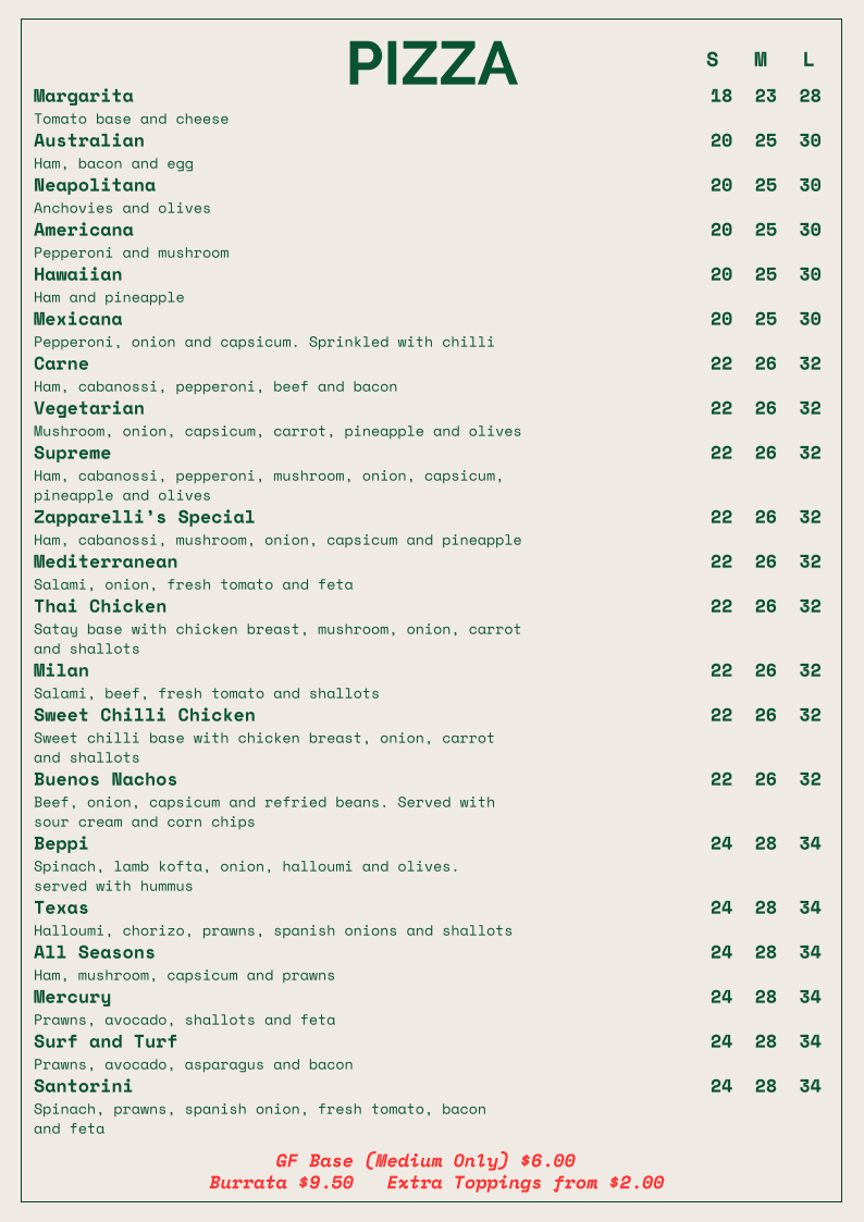 Menu, Zapparellis Pizza