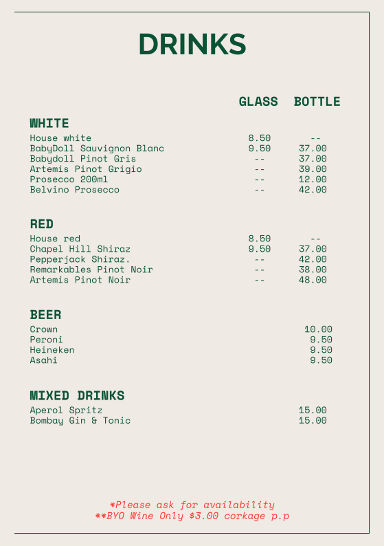 Menu, Zapparellis Pizza