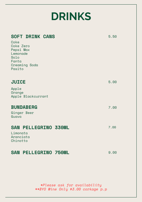 Menu, Zapparellis Pizza