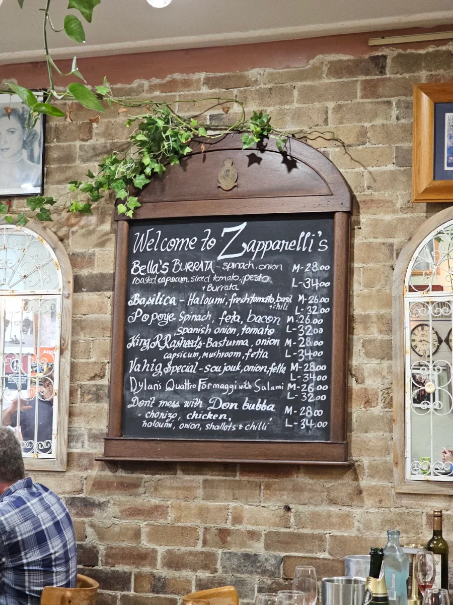 Menu, Zapparellis Pizza