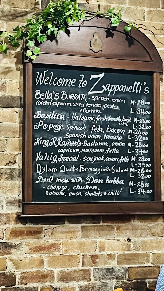 Menu, Zapparellis Pizza