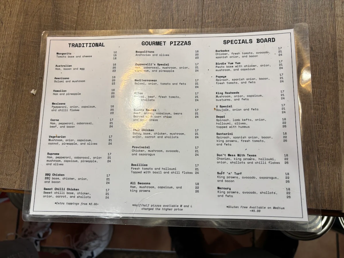 Menu, Zapparellis Pizza