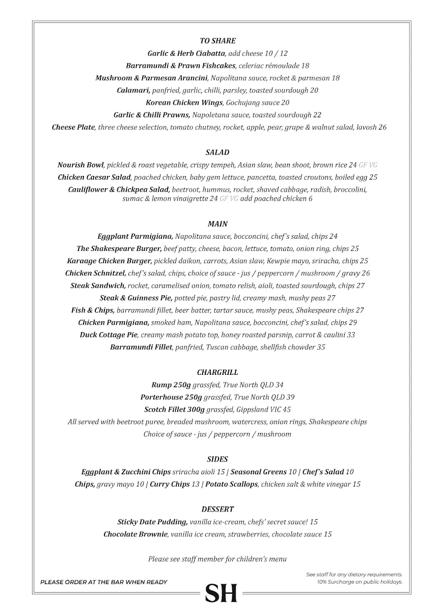 Menu, Shakespeare Hotel