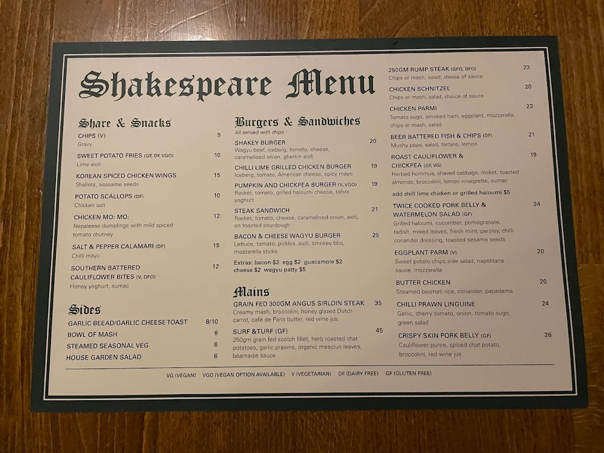 Menu, Shakespeare Hotel